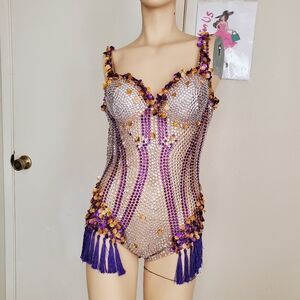Embellished Purple & Gold One-Piece Rave Bodysuit